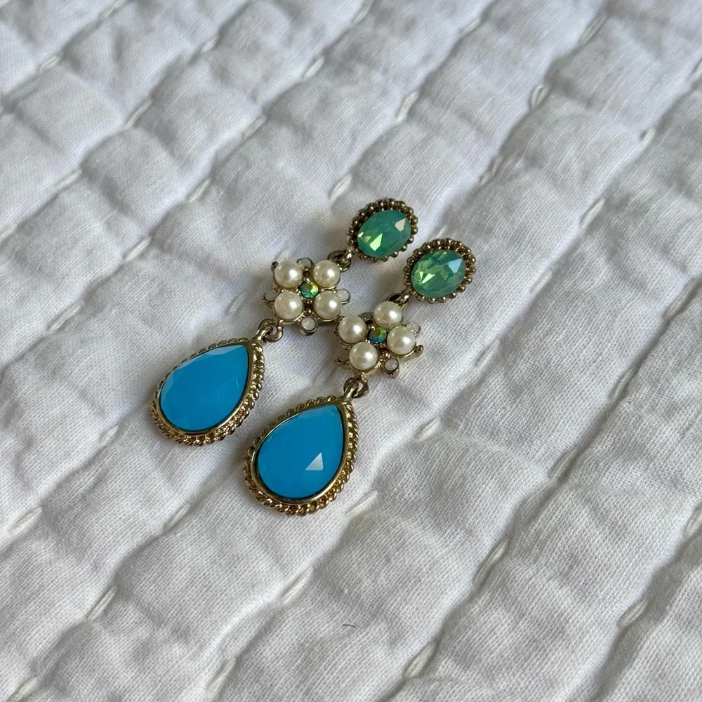 Elegant Blue, Green & Pearl Gold Drop Earrings